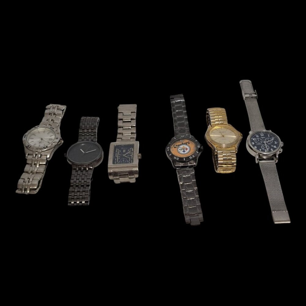 Lot of 6 Mens Watches Untested Replacements Steelers Affinity Timex Geneva
